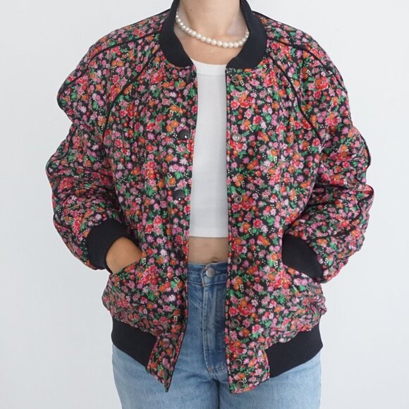 Coach New York Black Pink Floral Reversible Button Up Varsity Bomber Jacket M - Picture 1 of 15